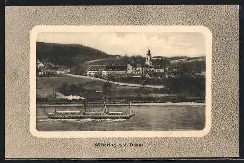 AK Wilhering a. d. Donau, Ortsansicht mit Dampfer