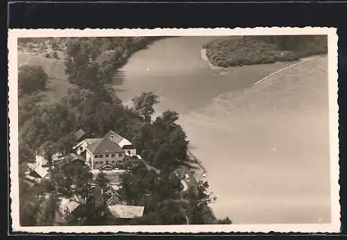 AK Haibach ob der Donau, Gasthaus Schlögen aus der Vogelschau