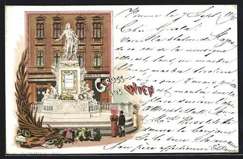 Lithographie Wien, Mozartdenkmal mit Kränzen