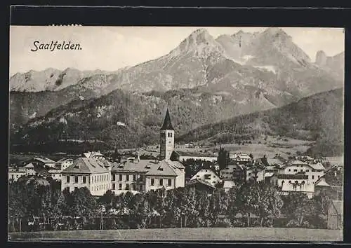 AK Saalfelden, Teilansicht mit Bergen aus der Vogelschau