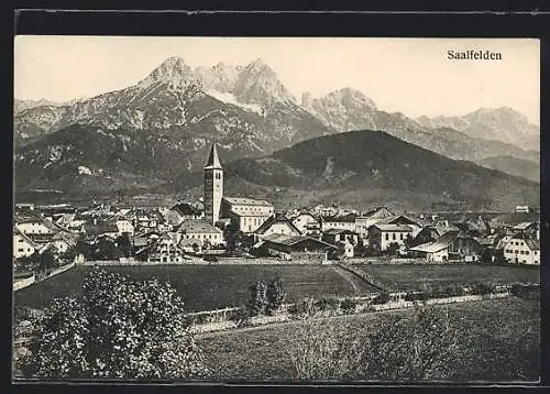 AK Saalfelden, Ortsansicht mit Feldern und Steinernem Meer