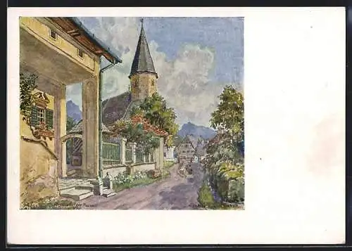 Künstler-AK Alt-Altmünster a. Traunsee, Strassenpartie am Steinmaurerhaus