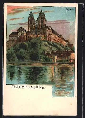 AK Melk a. D., Stift, Ansicht mit Donaupartie