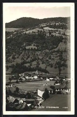 AK Predlitz, Ortsansicht mit Brücke aus der Vogelschau