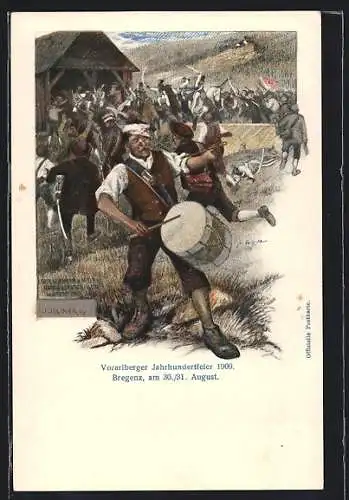 Künstler-AK Bregenz, Vorarlberger Jahrhundertfeier 1909, verwundeter Trommler 5 Heller