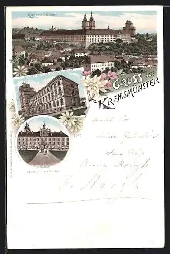 Lithographie Kremsmünster, Sternwarte u. Obergymnasium, Eingang Prälatenhof