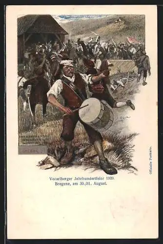 Künstler-AK Bregenz, Vorarlberger Jahrhundertfeier 1909, verwundeter Trommler 5 Heller