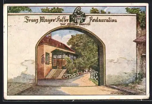 Künstler-AK Wien XIX, Franz Mayers Kaffee und Restaurant zur schönen Aussicht am Hernaplatz