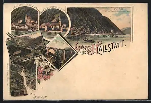 Lithographie Hallstatt, Gasthof zum grünen Baum u. prot. Kirche, Hotel Seeauer u. kath. Kirche, Mühlbachfall