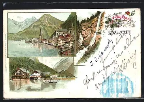 Lithographie Hallstatt, Wasserfall, Dampfer passiert den Ort, Gesamtansicht