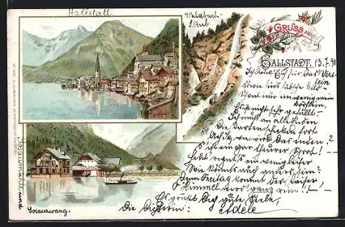 Lithographie Hallstatt, Wasserfall, Dampfer passiert den Ort, Gesamtansicht