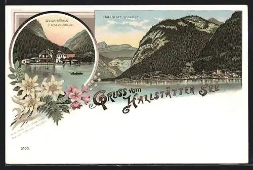 Lithographie Hallstatt, Gruss vom Hallstätter See, Gosau-Mühle u. Gosau-Zwang