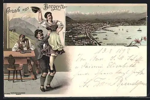 Lithographie Bregenz, Ortsansicht von Buchenberg, Mann hebt Frau in die Höhe
