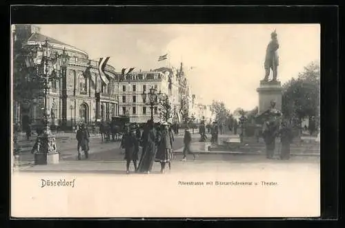 AK Düsseldorf, Alleestrasse mit Bismarckdenkmal und Theater