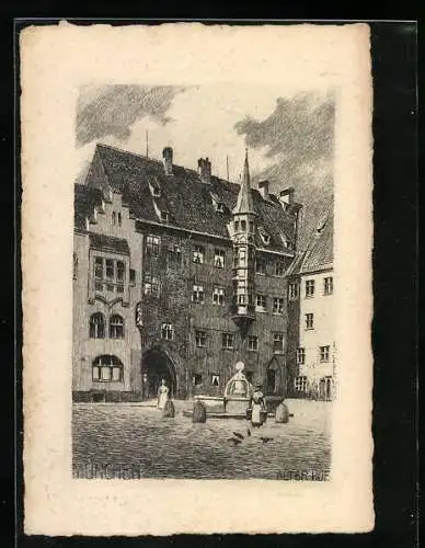 Künstler-AK München, Alter Hof mit Brunnen