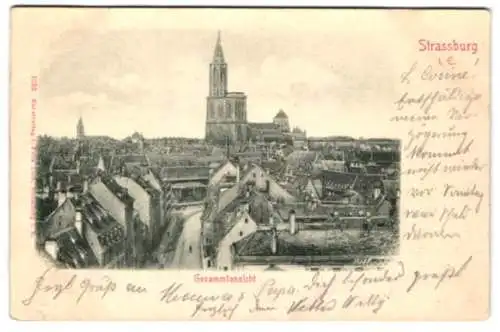 Relief-AK Strassburg i. E., Gesamtansicht mit Kirche und Strassenpartie