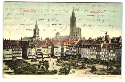 Relief-AK Strassburg i. E., Kleberplatz mit Kirche und Pferdebahn
