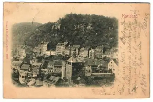 Relief-AK Karlsbad, Teilansicht mit Pharmacie