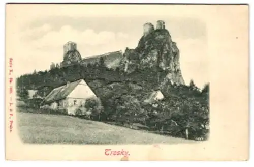 Relief-AK Trosky, Ortspartie mit Burg