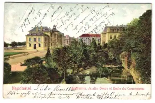 Relief-AK Neuchâtel, Academie, Jardin Désor et Ecole du Commerce