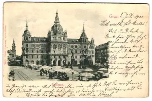 Relief-AK Graz, Strassenpartie mit Cafe und Rathaus