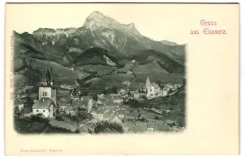 Relief-AK Eisenerz, Teilansicht mit Kirche