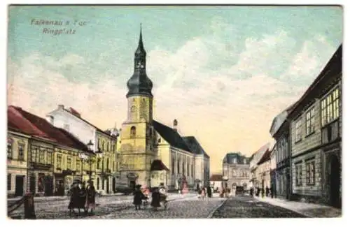 Relief-AK Falkenau a. Eger, Ringplatz mit Kirche