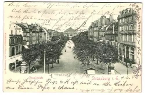 Relief-AK Strassburg i. E., Broglieplatz mit Drogerie und Litfasssäule