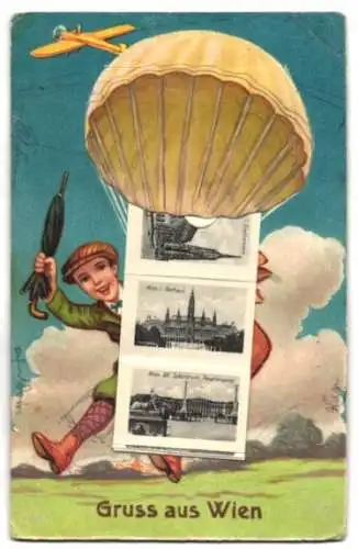 Leporello-AK Wien, Ansichten hinterm Fallschirm, Kino-Lustspieltheater mit Riesenrad, Rathaus, Karlskirche, Parlament