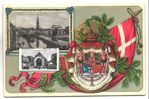 Leporello-AK Kopenhagen, Flusspanorama, Schloss Amalienborg, Schloss Frederiksborg, dänische Flagge und Wappen