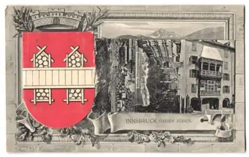Leporello-AK Innsbruck, Ansichten hinterm Wappen, Gesamtansicht von der Weiherburg, Goldenes Dachl, Rennweg