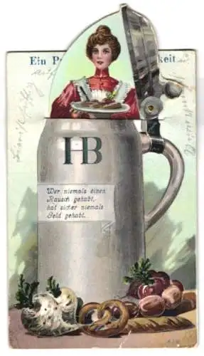 Mechanische-AK Bierkrug des Münchner Hofbräuhauses mit Deckel-Mechanik, darin eine Kellnerin mit Speise