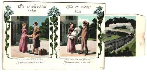 Mechanische-AK Mann verlässt seine Dame, als er wiederkommt hat sie ein Kind, Auszieh-Mechanik