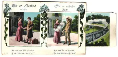 Mechanische-AK Mann verlässt eine Frau, als er wiederkommt ist sie mit Kind, Auszieh-Mechanik