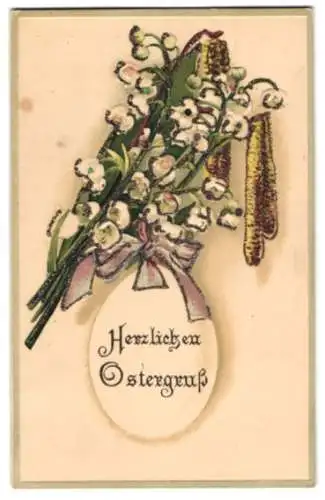 Glitzer-Perl-AK Weidenkätzchen und Maiglöckchen zu Ostern
