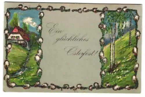 Glitzer-Perl-AK Mühle auf einer Frühlingswiese