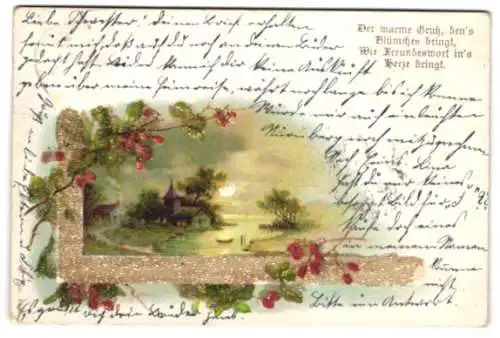 Glitzer-Perl-AK Kleines Haus im Vollmond am Wasser