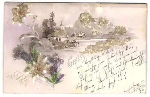Glitzer-Perl-AK Kleine Hütte und Bergblumen im Schnee