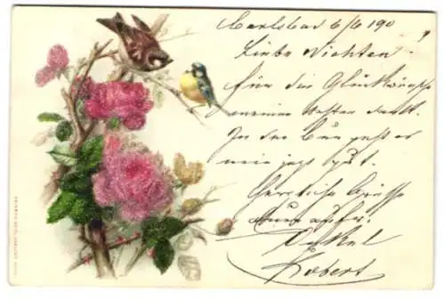 Glitzer-Perl-AK Spatz und Meise auf einem Rosenzweig