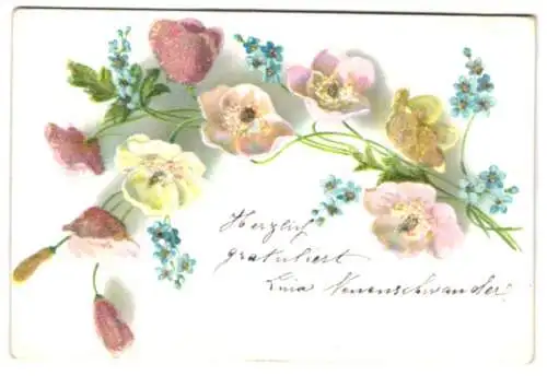 Glitzer-Perl-AK Vergissmeinnicht und rosane Blüten