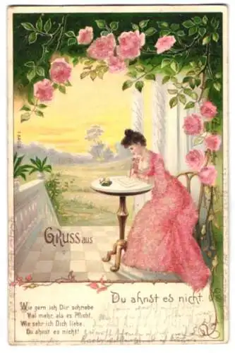 Glitzer-Perl-AK junge Frau im rosa Kleid schreibt Liebsbrief auf Veranda