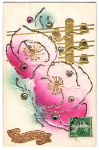 Glitzer-Perl-AK Pinke Rosenblüten zum neuen Jahr