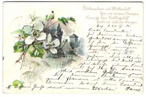 Glitzer-Perl-AK Weisse Blumen kündigen den Frühling an