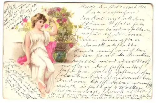 Glitzer-Perl-AK Junge Frau riecht am Rosenstrauss