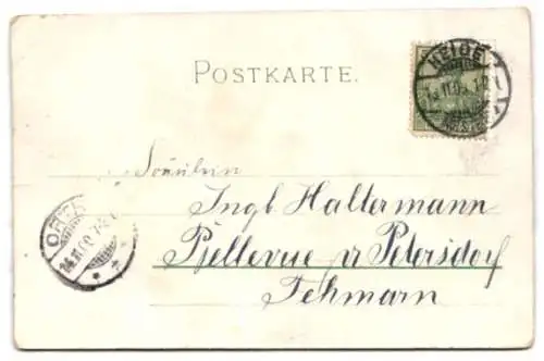 Glitzer-Perl-AK Junge Frau riecht am Rosenstrauss