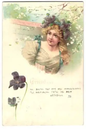 Glitzer-Perl-AK Junge Frau mit Blumen im Haar