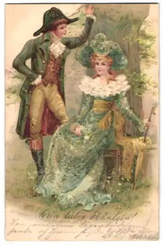 Lithographie Renaissance, junge Paar unter Baum