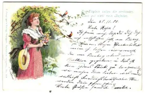 Glitzer-Perl-AK Junge Frau mit Blumenstrauss lauscht den Vögeln