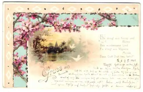 Glitzer-Perl-AK Tauben fliegen durch den Frühling