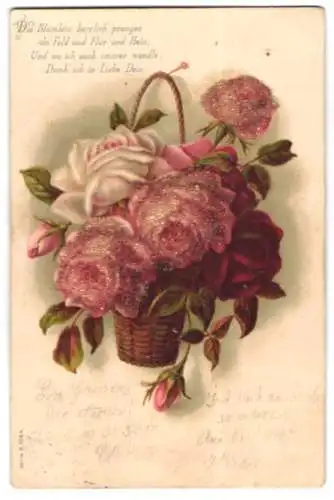 Glitzer-Perl-AK Korb mit Rosengesteck